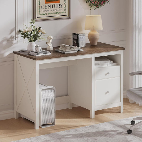 47' Farmhouse Wood Writing Desk With Drawers, Home Office Desk with Charging Station, 2 Storage Drawers and Open Shelf, Vanity Desk Writing Table for Study and Bedroom