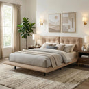 Queen Size Upholstered Floating Bed Frame with LED Lights, Pu Leather Platform Bed with Button-Tufted Headboard, Easy Assembly, No Box Spring Needed, Khaki