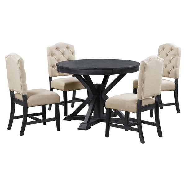 TREXM Retro Style Dining Table Set with Extendable Table and 4 Upholstered Chairs, Espresso Finish, Solid Wood Construction