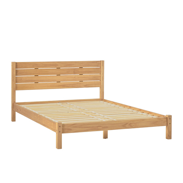 Modern Minimalist Boho Queen Bedframe – Natural Pine Wood with Slatted Headboard