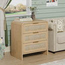 Rattan Nightstand 3 Drawers, 22.8' Wide Curved Wooden Bedside Table, Modern Storage for Bedroom, Natural Oak.