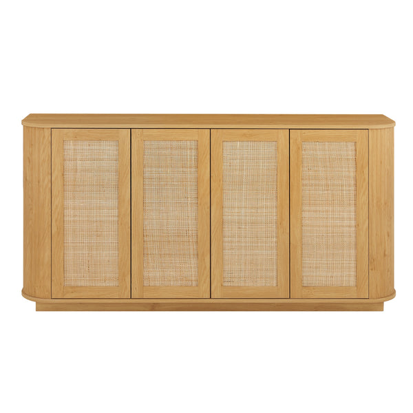 Contemporary Wave Shaped 64-Inch TV Stand with Rattan Doors in Natural Wood Finish