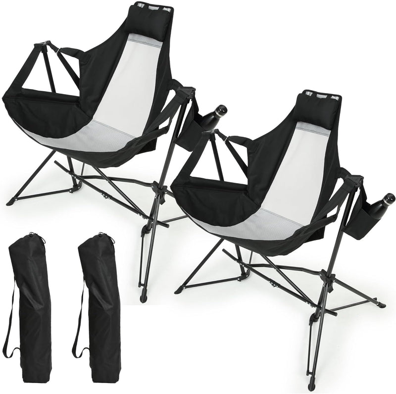 Hammock Camping Chair, Folding Portable Rocking Chair, Aluminum Alloy Adjustable Back Swinging Chair with Pillow Cup Holder, Recliner with Carry Bag for Outdoor Travel Lawn Backyard, Black  (2pcs)
