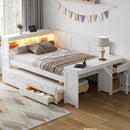 Full Size Daybed with Storage Shelves, Drawers, Trundle, Charging Station, LED Light, Desk and Cabinet, White