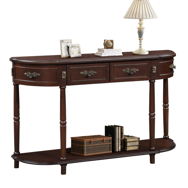 Retro Curved Wood Console Table, 52 inch Circular Half Moon Sofa Table with Open Shelf and 2 Drawers, Solid Wood Entry Table for Living Room, Hallway, Espresso