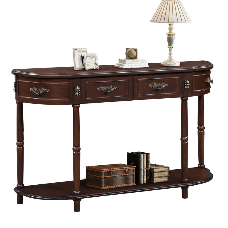 Retro Curved Wood Console Table, 52 inch Circular Half Moon Sofa Table with Open Shelf and 2 Drawers, Solid Wood Entry Table for Living Room, Hallway, Espresso