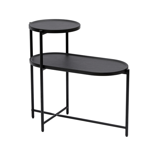 Modern Black Round Coffee Table with Storage Tray 2-Tier Oval End Tables Wooden Side Table for Living Room