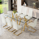 Tempered Glass Dining Table Set for 8, Modern Rectangular Kitchen Table with Gold-Plated Metal Legs, 8 White PU Leather Upholstered Dining Chairs with Gold-Plated Base