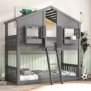 Grey Twin over Twin House Bunk Bed with Roof, Window, Box, and Door - Safety Guardrails and Ladder