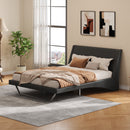 Queen Size Upholstered Bed Frame, Pu Leather Platform Bed with Wave-Like Curve Design and Trapezoidal-Shaped Leg, No Box Spring Needed, Black