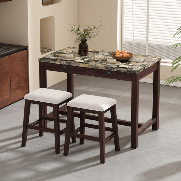 TREXM 3-Piece  Dining Table Set for 2, Counter Height Modern Kitchen Table and Chairs Set of 2 with Storage Drawers, Marble Dining Table with 2 Upholstered Chairs for Small Space (Walnut)