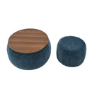 Dark Blue Round Storage Ottoman with 2 in 1 Function as End Table and Ottoman, Eucalyptus Wood and Foam, 25'x25'x14.7'