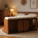 56'L, Furniture Style 2 in 1  Dog Crate with Padded Seat, Sliding Barn Door, Luxury Wooden Dog Kennel, End of Bed Bench Ottoman with Removable Cushion for Bedroom, Living Room, Walnut