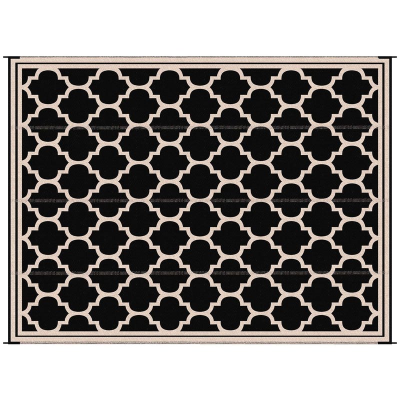 Outsunny Reversible Outdoor Rug Carpet, 9' x 18' Waterproof Plastic Straw Rug, Portable RV Camping Rugs with Carry Bag, Large Floor Mat for Backyard, Deck, Picnic, Beach, Black & Beige
