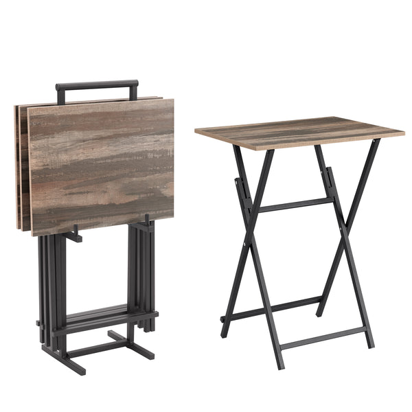 Industrial-Style Folding TV Trays for Eating Set of 4 with Stand, Rustic Brown, Particle Board, No Assembly Required