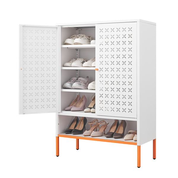 Grid Double Door Shoe Cabinet with Adjustable Compartments and Moisture-Proof Design in White Metal