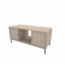 Elegant Veener Weaving Design Coffee Table with 4 Sliding Doors, Natural Wood, Hand-Woven Veneer, 41.73 x 19.70 x 18.70 inches