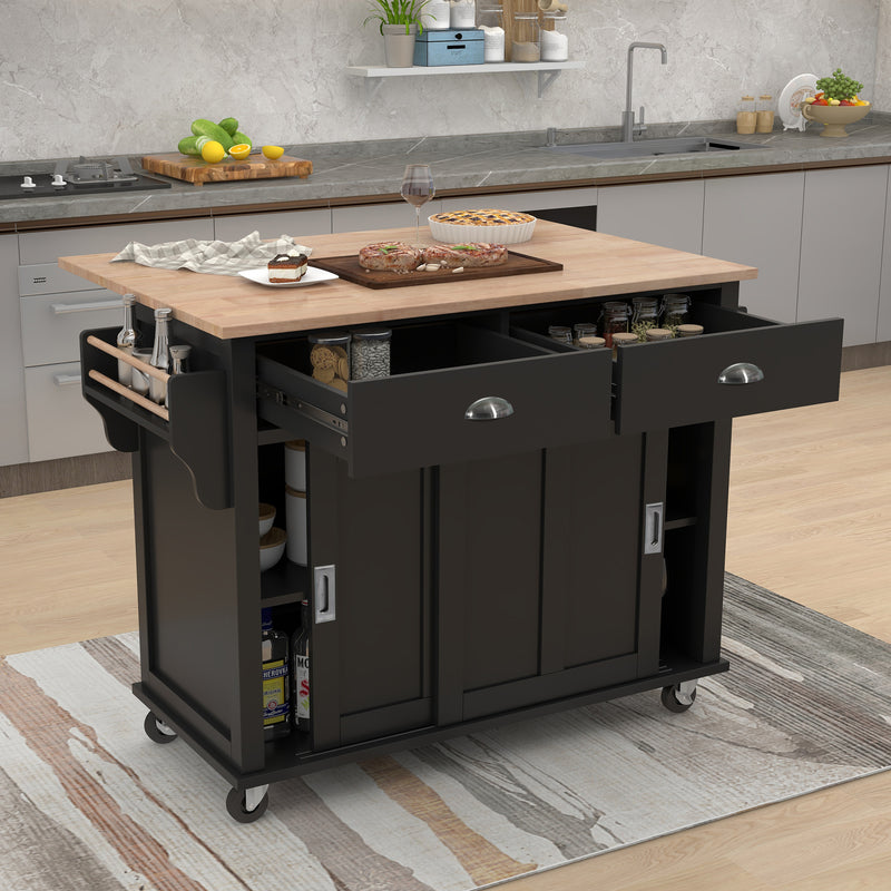 Kitchen Cart with Rubber wood Drop-Leaf Countertop, Concealed sliding barn door adjustable height,Kitchen Island on 4 Wheels with Storage Cabinet and 2 Drawers,L52.2xW30.5xH36.6 inch, Black