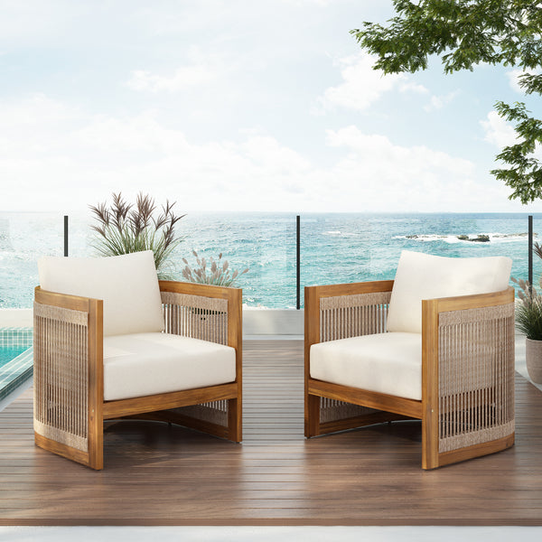[Set of 2] Premium Acacia Wood Outdoor Club Chair, Curved Tub Design with Woven Rope Accents, Water-Resistant Cushions, All-Weather Slat Construction