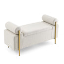 Elegant Upholstered Linen Storage Bench with Cylindrical Arms and Iron Legs, Beige