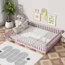 Queen Size Floor Bed with Fence,Door,Rubber Wood Floor Bed with Safety Guardrails,Pink (Old Sku W504P286391)