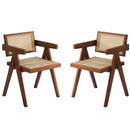 Modern Mid-Century Dining Chairs Set of 2, Rattan Accent Chairs, Comfy Armchairs, Outdoor Wood Chairs with Armrest for Bedroom Living Room Reading Room Dining Kitchen, Brown