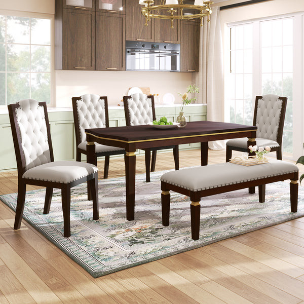 6-Piece Kitchen Dining Table Set, 60' Rectangular Table and 4 High-Back Tufted Chairs & 1 Bench for Dining Room and Kitchen (Espresso)