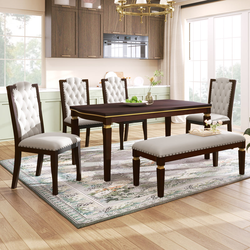 6-Piece Kitchen Dining Table Set, 60' Rectangular Table and 4 High-Back Tufted Chairs & 1 Bench for Dining Room and Kitchen (Espresso)