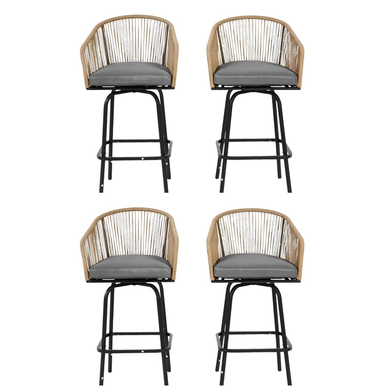Outdoor Bar Stools Set of 4, 4-Piece Patio Bar Stools with Armrests, All Weather Rattan Bar Chairs with Backrest, Wicker Bar Stools for Backyard, Garden, Pool, Balcony and Deck-Grey