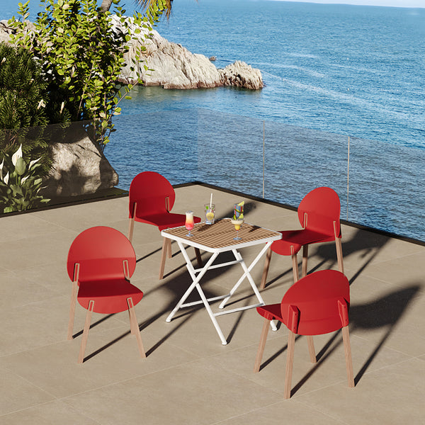 4-Pack Crimson Red Chairs – Red Oak Wood Legs & PP Seat with Modern folding indoor/outdoor square table- PP tabletop with metal legs(White, khaki)