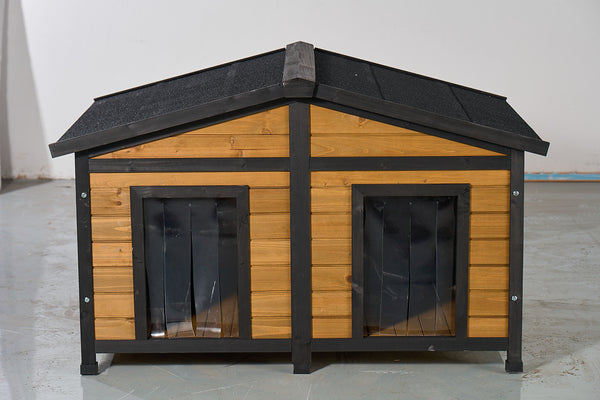 Large Outdoor Wooden Dog House with Dual Doors, Waterproof Asphalt Roof & Lift-Up Top, Fir Wood Dog Shelter for Medium to Large Dogs (Black & Natural Finish)