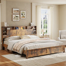 King Size Bed Frame with Storage Headboard, Wood Platform Bed Frame with Charging Station, LED Lights & Bookcase, No Box Spring Needed, Dark Brown