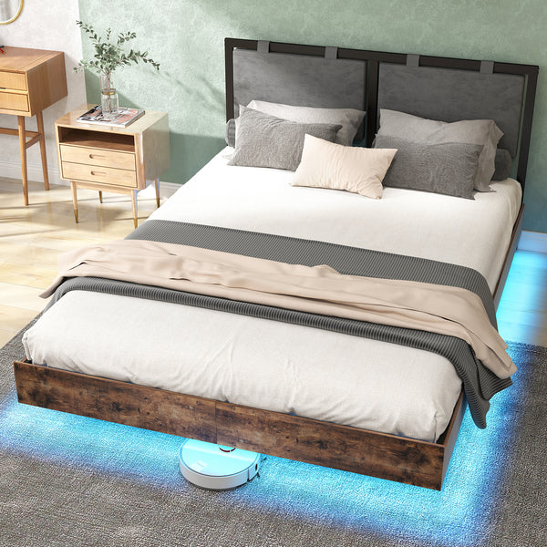 Floating Bed Frame with LED Lights, Hanging Upholstered Headboard No Box Spring Needed