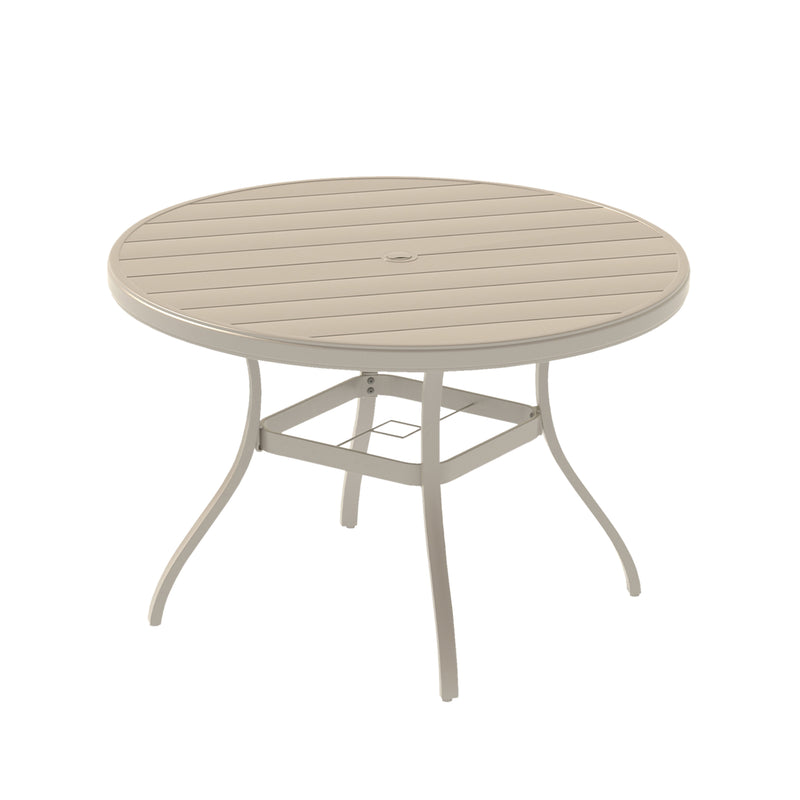 Outdoor Round Patio Dining Table for 6-7, All Weather Metal Dining Table with Umbrella Hole for Deck Lawn Garden Backyard, Sandstone Color