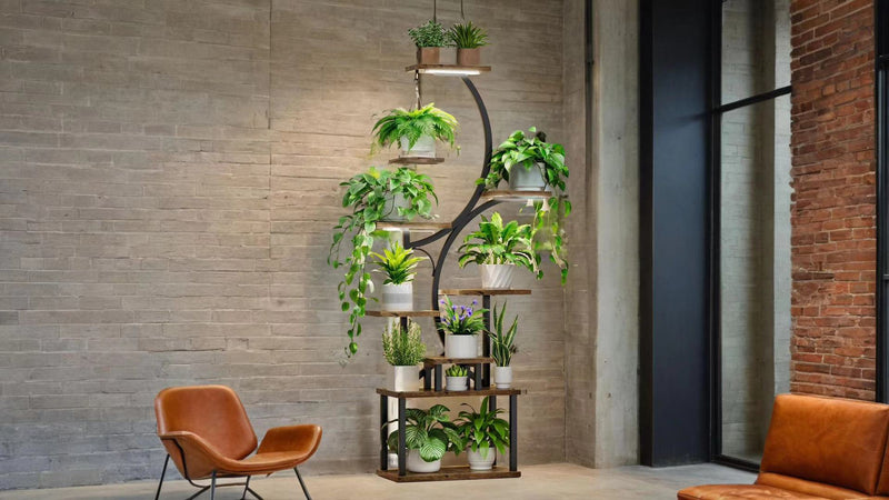 8-Tier Indoor Plant Stand with Grow Lights, 61 in S-Shaped Metal Shelf for Multiple Plants, Black
