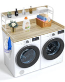 Washer Dryer Countertop with 2-Tier Shelf, 54' x 27' Wooden Washer and Dryer Countertop with Anti-Slip Pads, Water-Resistant Laundry Topper Cover for Laundry Room Organization and Storage, Oak