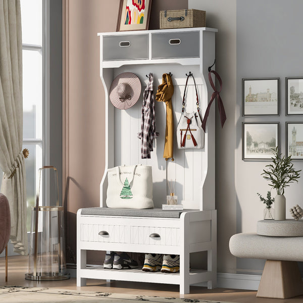 U-Can Hall Tree with 6 Hooks and Hinged Lid, Coat Hanger, Entryway Bench, Storage Bench, 3-in-1 Design, 69INCH, for Entrance, Hallway
