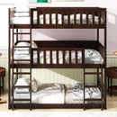 Twin Size Triple Rubber Wood Bunk Bed, with Ladders, Guardrails Detachable Bunk Bed, Twin over Twin over Twin,Espresso