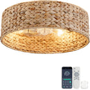 19-inch round woven ceiling fan light in the Wabi-Sabi style, with ABS blades, dual control via Bluetooth app and remote control, low noise and energy-efficient, six-speed reversible fan