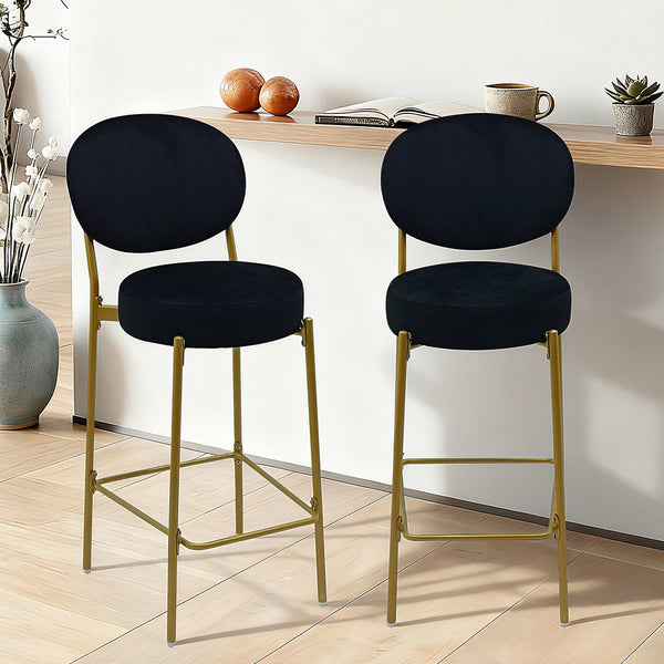 2-Pack Modern Velvet Bar Stools with Gold Metal Legs Accent  Round Counter Stools for Kitchen Island, Home Bar (Black)