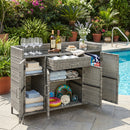K&K 53.2'W Outdoor Weather-proof Rattan Storage Cabinet with Tempered Glass Desktop, Outdoor Wicker Bar Table with One Large Drawer & Adjustable Shelves for Patio, Backyard, Garden, Poolside, Grey