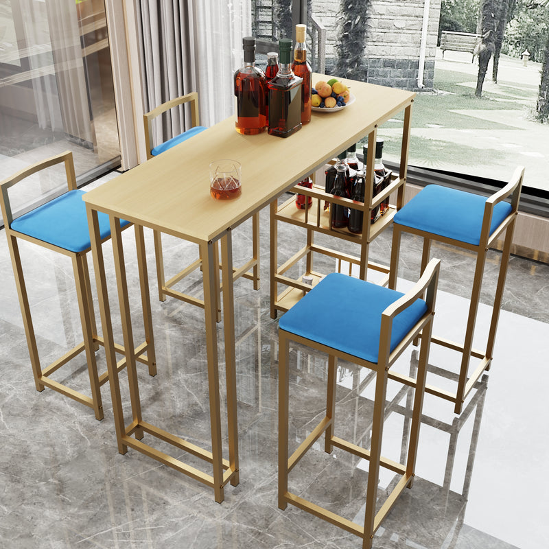 Bar table and chair five piece set, gold frame, multi-layer tabletop, chair cushion and backrest made of sponge, table with storage function (gold+beige+blue)