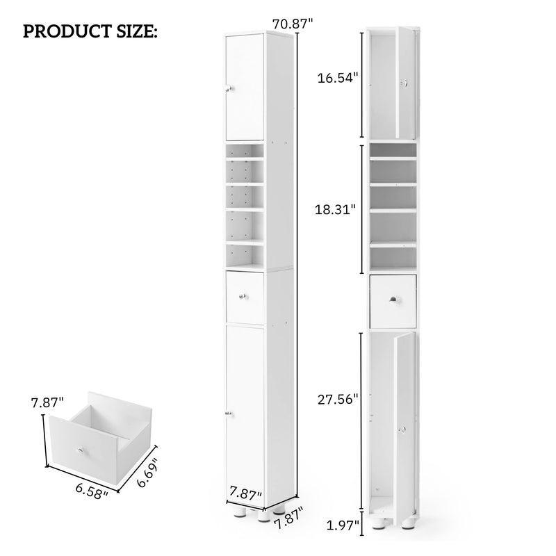 Tall Modern White Storage Cabinet with Shelves and Drawer