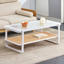 Modern minimalist white double layered solid wood coffee table. Glass tabletop, imitation rattan  edge table. Rectangular table suitable for living room, dining room, and bedroom