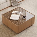 31.5-Inch Square Coffee Table with Storage Drawers,Modern Wooden Coffee Table with Glass Top ,Tea Table Center Tables for Living Room Office,Walnut