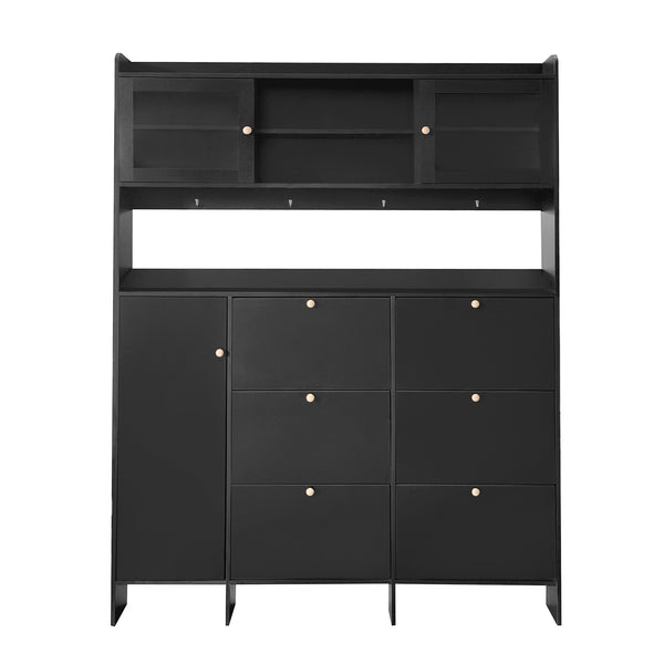 ON-TREND Multifunctional Tipping Bucket Shoe Cabinet with Storage Shelf & 6 Flip Drawers, Large Hall Tree with Tempered Glass Doors, Foyer Cabinet with 4 Hooks for Hallway, Black