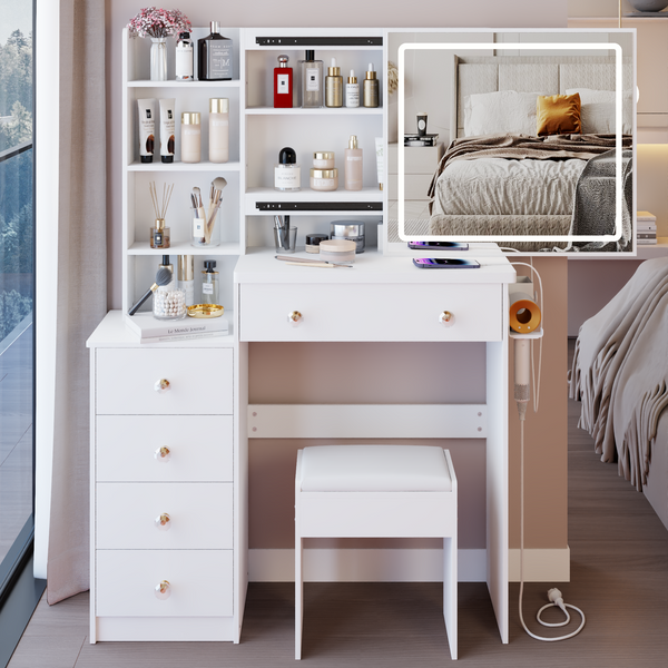 37' Middle Size Left Bedside Cabinet Vanity Table + Cushioned Stool Dresser Set, 2 AC+2 USB Socket, Hair Dryer Stand, Large Touch Control LED Sliding Mirror, 3-color Switch, EPA, GCC, UL Certificate