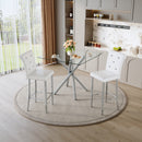 Modern Glass Bar Table and Fixed-Height Bar Stools Set of 2, Contemporary Counter Height Pub Table with Chrome Legs, White PU Leather Bar Chairs for Kitchen Island, Home Bar, Small Space (3 Packages)