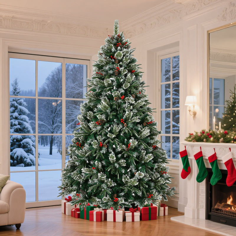Artificial Christmas Tree 8Ft PE Mixed PVC Pine Snow Frosted Xmas Tree Pre-Decorated Christmas Tree with 1550 Tips Pinecones & Berries Metal Stand, Easy Assembly for Home, Office, Holiday