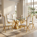 Luxury Glass Dining Table for 6 seat 68.9' Clear Glass Top with Gold Modern Curved Base, Contemporary Dining Room Table with Crystal Accent